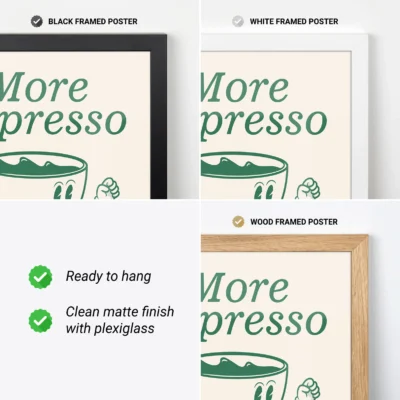 Digital and framed previews of green and cream “More Espresso” posters in vintage design.