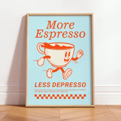 Framed retro coffee print with orange and cream tones and cheerful espresso cup illustration.