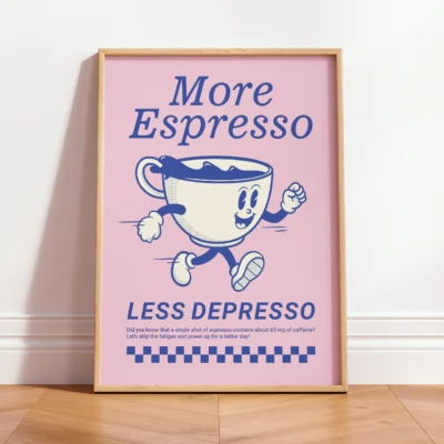 Lavender and cream retro coffee poster with smiling espresso cup and playful typography.