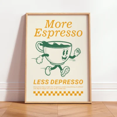 Vintage coffee poster in warm beige tones with cartoon espresso cup and bold retro lettering.