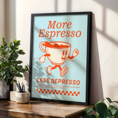 Framed retro espresso poster styled near plants and natural light, warm vintage color palette.