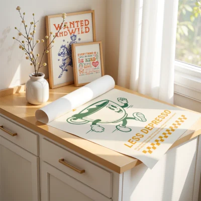 Retro espresso posters laid out on table showing matching coffee-themed vintage designs.