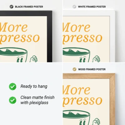 Digital and framed previews of retro “More Espresso Less Depresso” coffee posters.