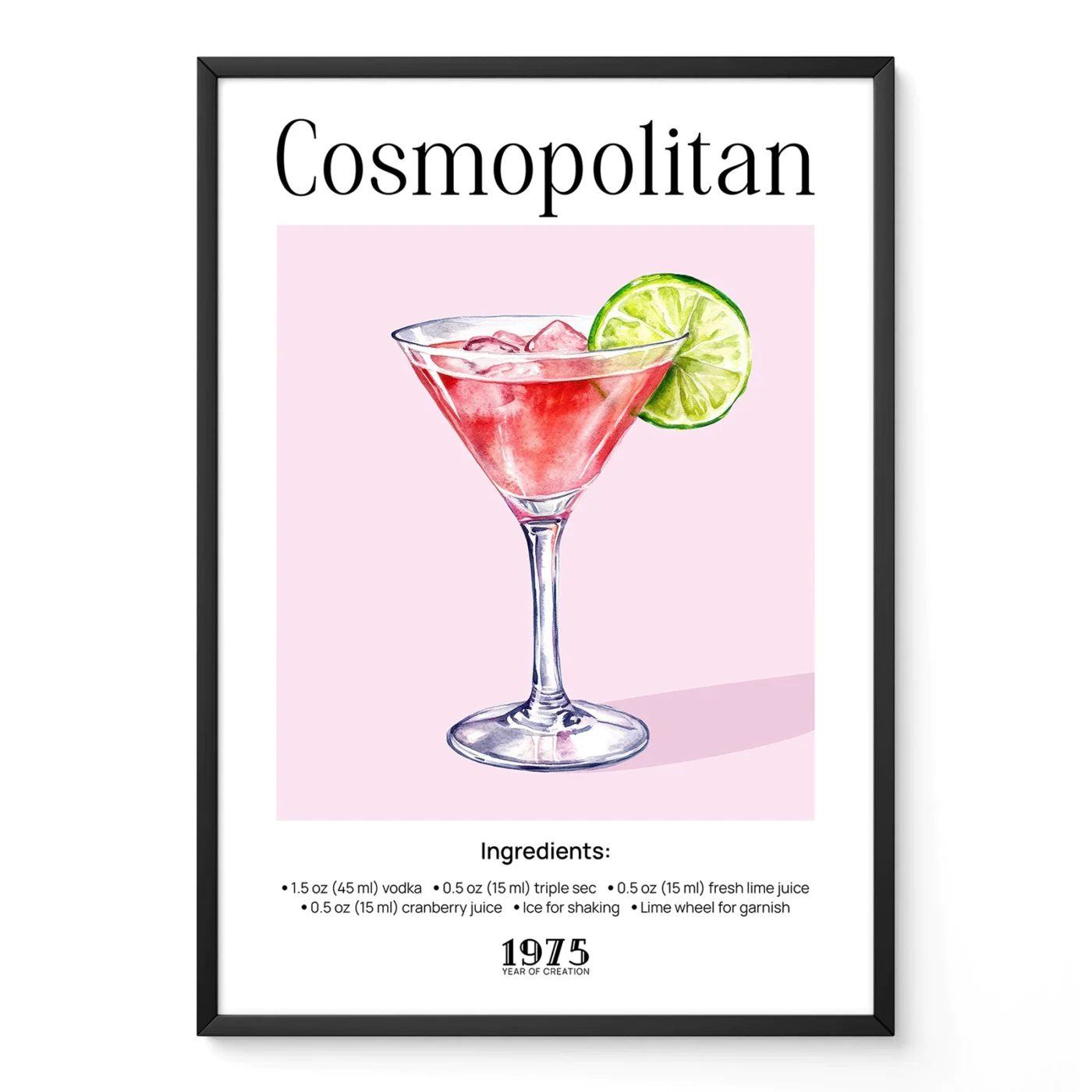 Retro Cosmopolitan cocktail poster with illustrated martini glass and lime garnish, vintage bar style.