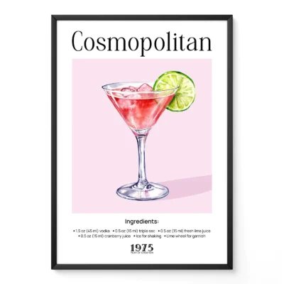 Retro Cosmopolitan cocktail poster with illustrated martini glass and lime garnish, vintage bar style.