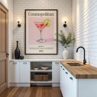 Cosmopolitan vintage cocktail poster displayed in a modern kitchen interior.