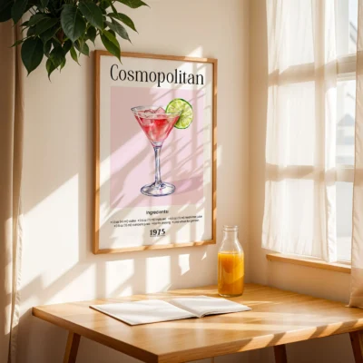 Cosmopolitan cocktail poster on table by window with natural light, vintage bar aesthetic.