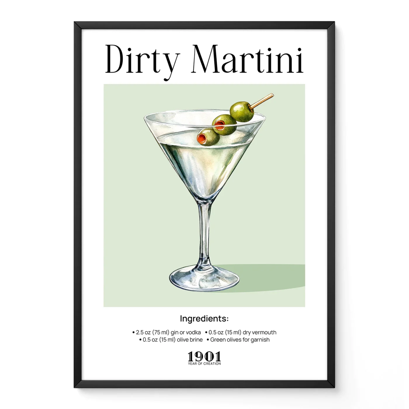 Retro Dirty Martini cocktail poster with illustrated martini glass and olives, classic bar typography.