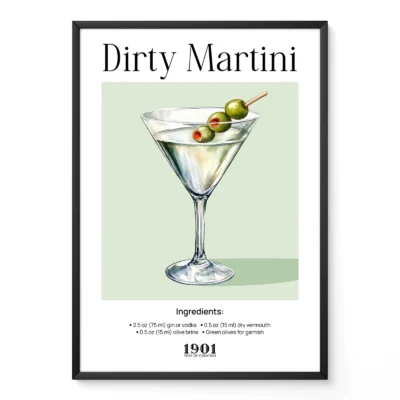 Retro Dirty Martini cocktail poster with illustrated martini glass and olives, classic bar typography.