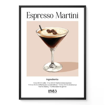 Retro Espresso Martini cocktail poster with illustrated martini glass and coffee beans, classic bar style.