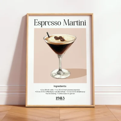 Framed Espresso Martini vintage cocktail print leaning against wall in a minimalist interior.