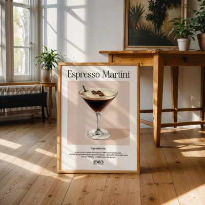 Espresso Martini cocktail poster standing on floor in sunlit room, elegant vintage bar illustration.