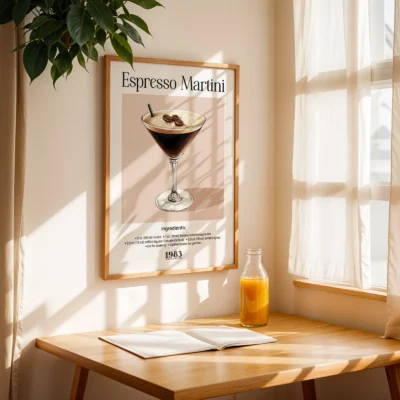 Espresso Martini cocktail poster on table by window with natural light, vintage bar aesthetic.