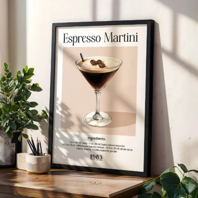 Framed Espresso Martini cocktail poster on shelf with plants, classic vintage bar style.