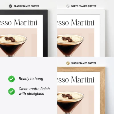 Espresso Martini cocktail poster showing black, white and wood frame options, ready to hang.