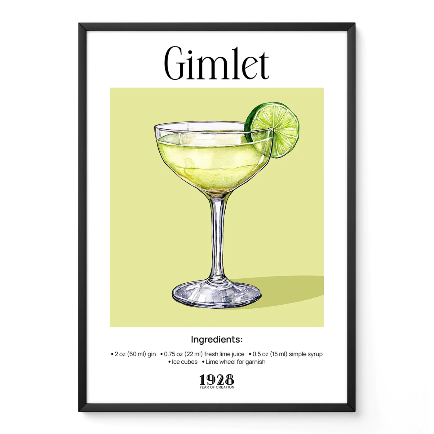 Cocktail wall print featuring a watercolor Gimlet martini with lime, classic retro cocktail illustration.