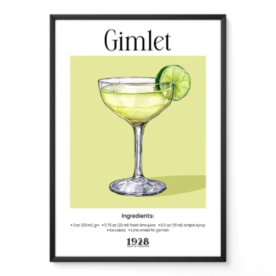 Cocktail wall print featuring a watercolor Gimlet martini with lime, classic retro cocktail illustration.
