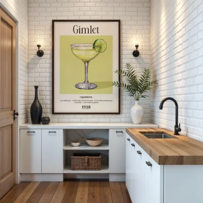 Cocktail wall print displayed in modern kitchen, classic drink illustration for home bar.