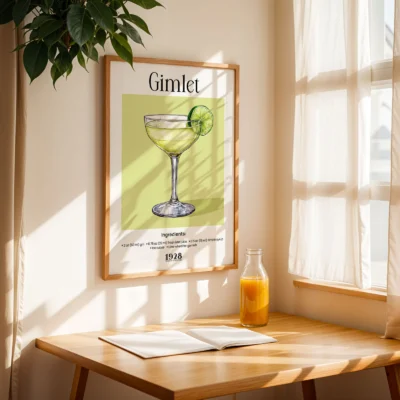Cocktail wall print on wooden table by window, retro watercolor drink artwork.