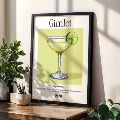Framed cocktail wall print on shelf with plants, classic bar wall decor.