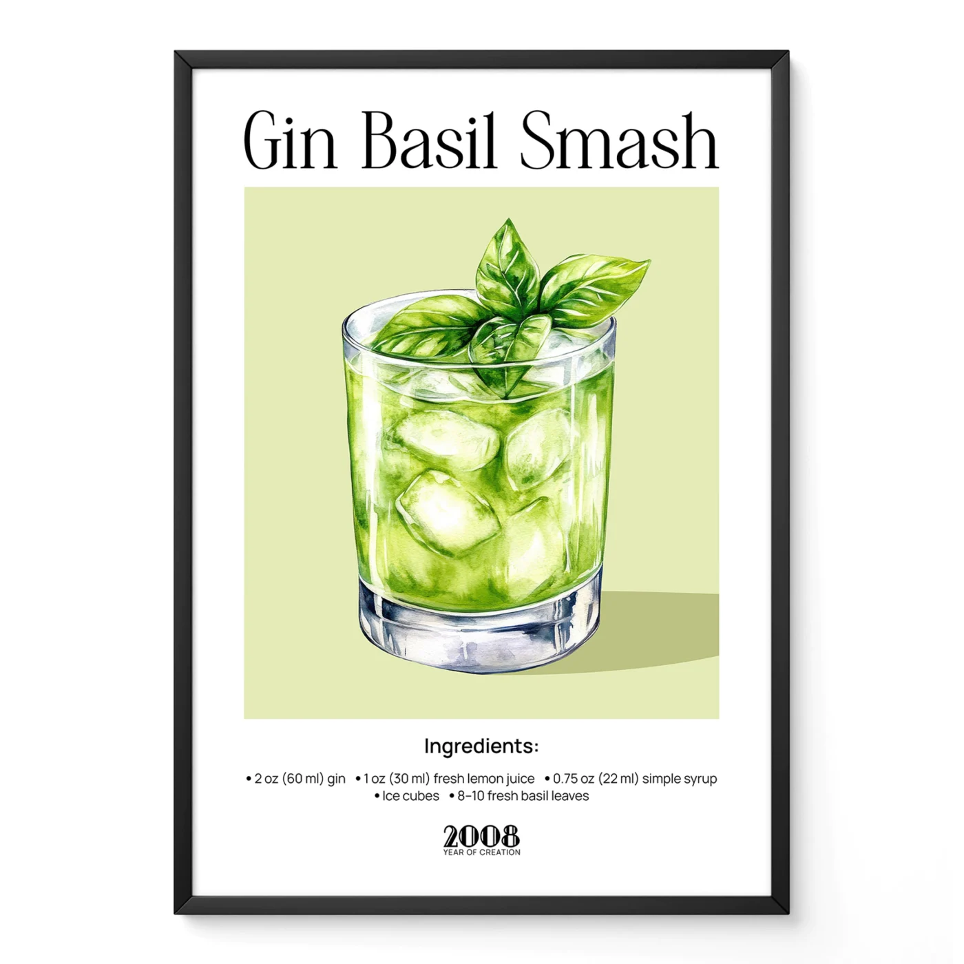 Gin Basil Smash cocktail wall print with watercolor green drink illustration, modern retro cocktail poster style.