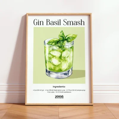 Gin Basil Smash cocktail wall print in wooden frame, minimalist retro drink illustration for modern interiors.