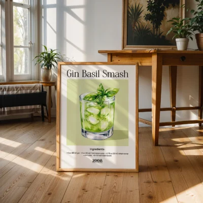 Gin Basil Smash cocktail wall print displayed in modern living space, fresh green retro cocktail artwork.