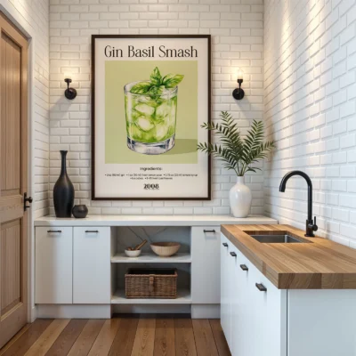 Gin Basil Smash cocktail wall print hanging in bright kitchen, watercolor cocktail illustration with basil.