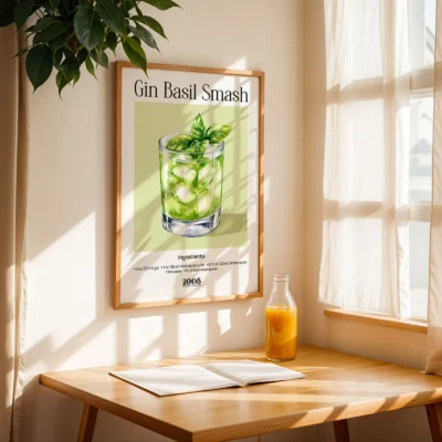 Gin Basil Smash cocktail wall print near window, airy retro cocktail art with soft natural light.