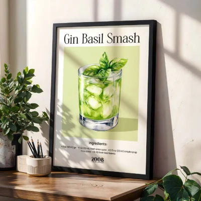 Gin Basil Smash cocktail wall print with plants, modern retro drink poster for natural interiors.
