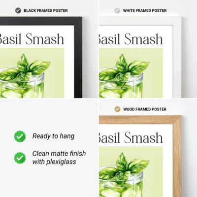 Gin Basil Smash cocktail wall print framed options shown, retro cocktail poster ready to hang.
