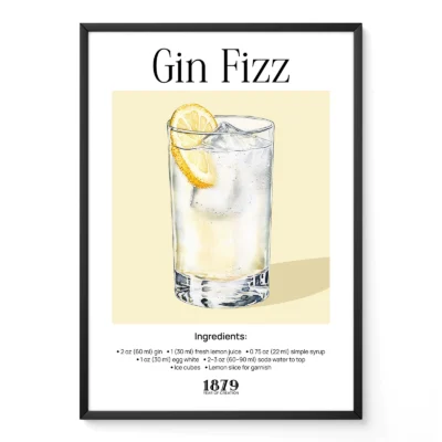 Gin Fizz cocktail wall print with vintage watercolor illustration of classic gin cocktail in tall glass.
