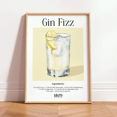 Gin Fizz cocktail wall print in wooden frame, minimalist vintage cocktail illustration for modern interiors.