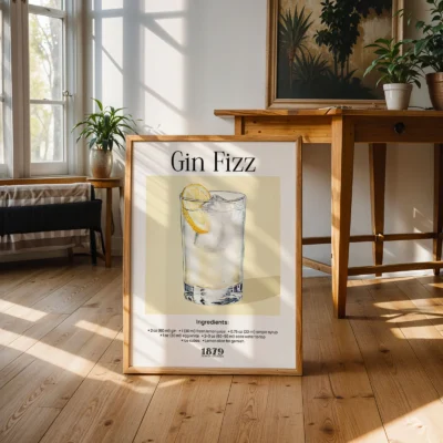 Gin Fizz cocktail wall print displayed in bright living space, classic retro cocktail artwork.