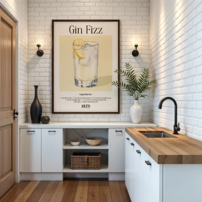 Gin Fizz cocktail wall print hanging in kitchen interior, vintage gin cocktail illustration.