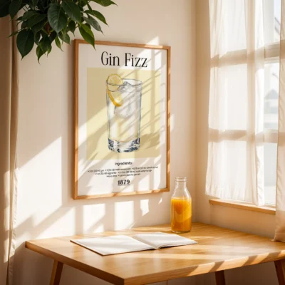 Gin Fizz cocktail wall print near window with natural light, airy vintage cocktail art.