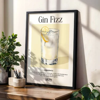 Gin Fizz cocktail wall print with plants, vintage cocktail illustration for natural interiors.