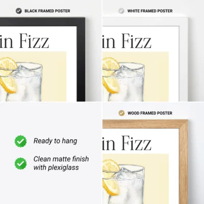 Gin Fizz cocktail wall print framed options shown, retro cocktail poster ready to hang.