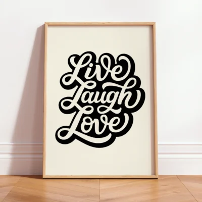 Black “Live Laugh Love” script on cream background in wood frame, retro quote poster.