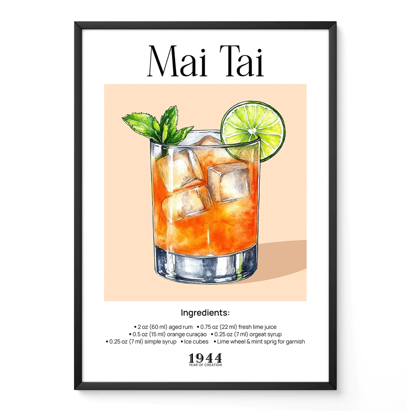 Mai Tai cocktail print with vintage watercolor illustration of classic tiki cocktail in rocks glass.