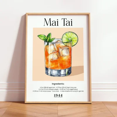 Mai Tai cocktail print in wooden frame, minimalist vintage drink illustration for modern interiors.