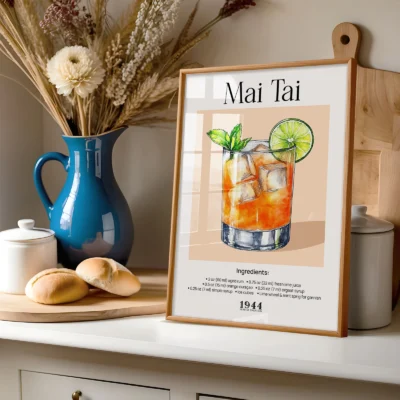 Mai Tai cocktail print styled on shelf, retro watercolor cocktail artwork with tropical tones.