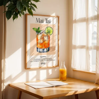 Mai Tai cocktail print near window with natural light, airy vintage cocktail wall art.