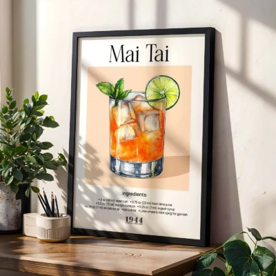 Mai Tai cocktail print styled with plants, retro drink poster for natural interiors.