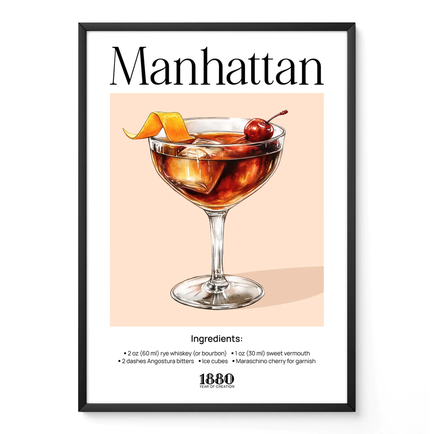 Manhattan cocktail poster with vintage watercolor illustration of classic whiskey cocktail in stemmed glass.