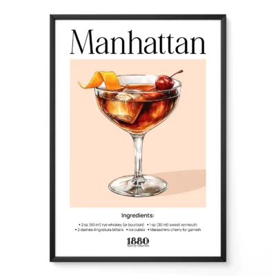 Manhattan cocktail poster with vintage watercolor illustration of classic whiskey cocktail in stemmed glass.