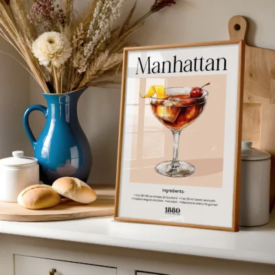 Manhattan cocktail poster styled on shelf with decor, retro watercolor whiskey cocktail wall print.