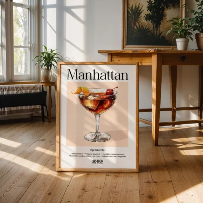 Manhattan cocktail poster displayed in bright interior, classic retro whiskey drink wall art.