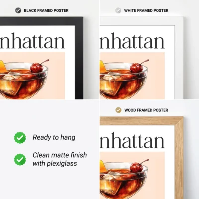 Manhattan cocktail poster framed options shown, vintage whiskey drink print ready to hang.