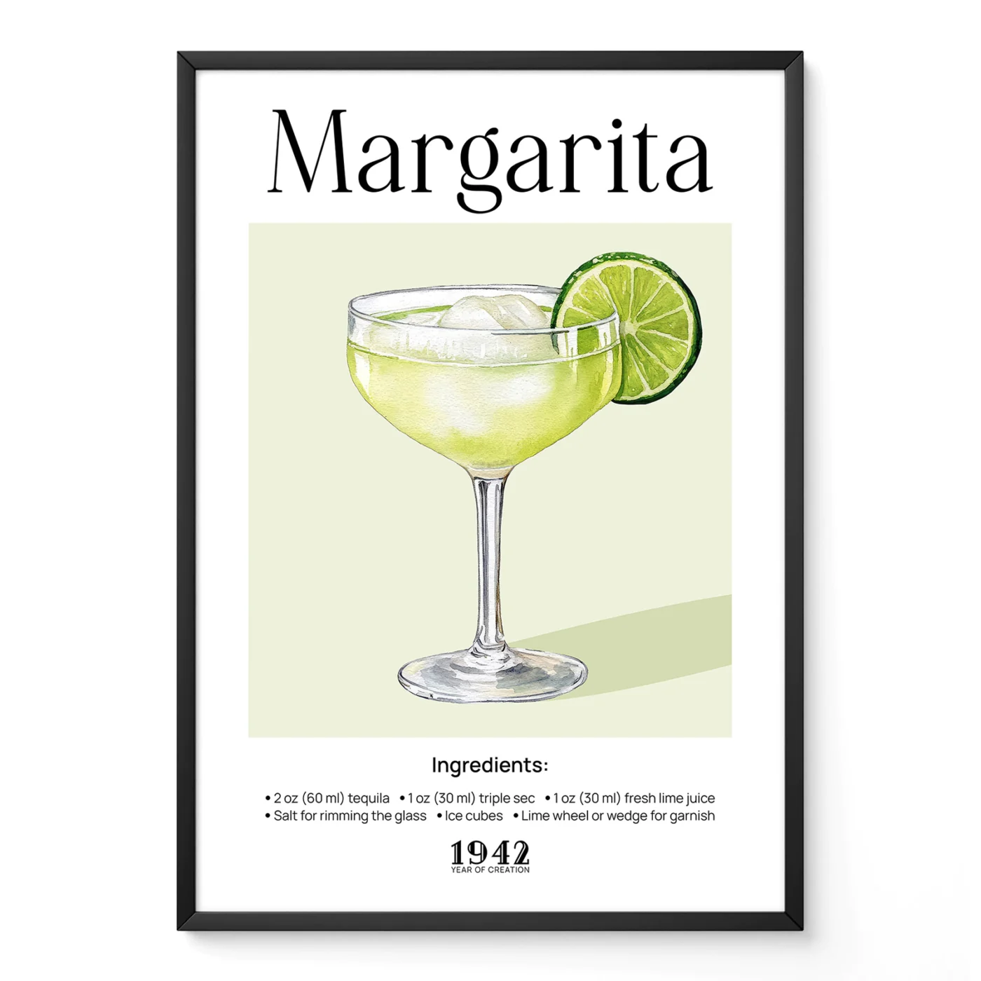 Margarita poster with vintage watercolor illustration of classic lime cocktail in stemmed glass.
